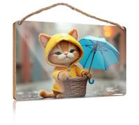 Funny Door Signs for Office Rainy Day Adventure with A Cute Cat Wooden Sign Small Signs for Home Decor Summer Door Sign(15X28CM)