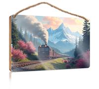 Funny Door Signs for Office Steam Train Journey Through Mountainous Landscape Boys Bedroom Decorations Bathroom Wall Art(15X28CM)