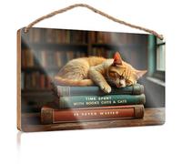 Funny Door Signs for Office Time Spent with Books, Cats & is Never Wasted Boys Bedroom Decorations Bathroom Wall Art(15X28CM)