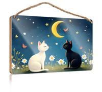 Funny Door Signs for Office Two Cats Under The Moonlit Sky Boys Bedroom Decorations Bathroom Wall Art(20X30CM)
