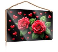 Funny Door Signs for Office Two Red Roses with Hearts On A Black Background Welcome Sign for Front Porch Standing Mancave Sign(15X28CM)