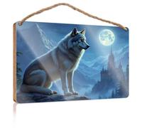 Funny Door Signs For Office Wolf Guardian In Moonlit Mountains Wooden Sign Small Signs For Home Decor Summer Door Sign(15X28CM)