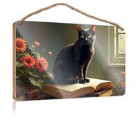 Funny Doorsign A Black Cat Sits On an Open Book, Surrounded By Vibrant Flowers Summer Decor Kitchen Signs Wall Decor(23X35CM)