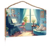 Funny Doorsign A Cozy Room with Cats Lounging On A Blue Couch, A Piano, and Plants Summer Decor Kitchen Signs Wall Decor(15X28CM)