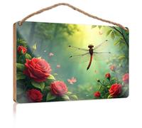 Funny Doorsign A Dragonfly Perches Gracefully Among Vibrant Red Roses in A Lush, Sunlit Garden Summer Decor Kitchen Signs Wall Decor(23X35CM)
