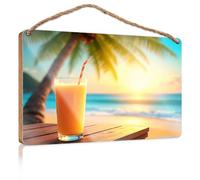 Funny Doorsign A Glass of Orange Juice On A Beach At Sunset Summer Decor Kitchen Signs Wall Decor(20X30CM)