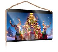 Funny Doorsign Five Reindeer Standing in Front of A Christmas Tree Summer Decor Kitchen Signs Wall Decor(15X28CM)