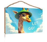 Funny Doorsign Giraffe Wearing A Green Hat with Let Go! Written Beside It Summer Decor Kitchen Signs Wall Decor(15X28CM)