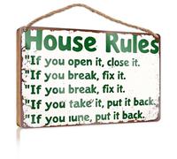 Funny Doorsign House Rules: Open, Close; Break, Fix; Take, Return. Wood Sign Hanging Plaque Funny Husband Gifts(15X28CM)