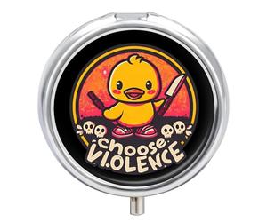 Funny Duck Choose Violence Small Pill Organizer with 3 Compartments Travel Medicine Case Portable Round Vitamin Storage Box