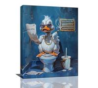 Duck Bathroom Wall Art Funny Duck On The Toilet Reading Newspaper Bathroom Pictures For Wall Bathroom Sign Canvas Print Painting Navy Blue Bathroom Decor Modern Framed Artwork for Restroom 12"x16"