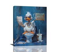 Funny Duck Wall Art: Duck on the Toilet Reading Newspaper - Navy Blue Bathroom Decor - 16"x20" Framed Canvas Print