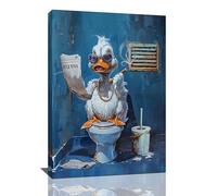 Funny Duck Wall Art - Duck On Toilet Reading Newspaper - Navy Blue Bathroom Decor - Framed Artwork 16"x24"