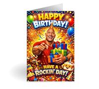 Funny Dwayne Johnson Birthday Greeting Card - Muscle Hero Style Birthday Card - Bold Party Design with Gifts & Fireworks - A5 Card with Envelope
