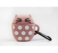 Funny Earbuds Cases - Pink Cat White Polka Dots Silicone Protective Case Cover for Wireless Earbuds with Anti-lost Carabiner
