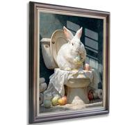 Funny Easter Bunny Bathroom Wall Art White Rabbit with Eggs on Toilet Canvas Print Quirky Farmhouse Bathroom Decor 30x40cm Brown Frame