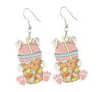 Funny Easter Eggs Rabbit Wooden Drop Earrings Cute Bunny Carrot Bow Milk Tea Cross Wood Dangle Earrings for Women Holiday Happy Easter Jewelry Accessories, Metal Wood, Agate