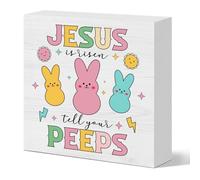 Funny Easter Jesus Decorations Desk Decor Jesus is Risen Tell Your Peeps Wooden Box Sign Religious Easter Christian Decorations for Home Farmhouse Kitchen Bathroom Shelf Table Decor, 5 X 5 Inches