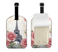 Funny Eiffel Tower Rose Flower Print Leatherette Luggage Tag with Secure Strap,Colorful Suitcase Identifier for Travel