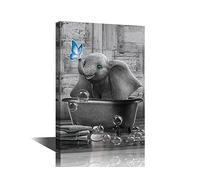 Funny Elephant Canvas Framed Black & White Elephant Poster Wall Art - Blue Butterfly Bathtub Decor, Horse Home Wall Decor - 24" W x 16" H
