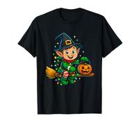 Funny Elf Witch Hat Riding Broom Pumpkin Haloween Xmas T-Shirt