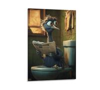 Funny Emu Sitting on The Toilet Reading A Newspaper Canvas Wall Art Posters For Room Aesthetic And Decor (6) Poster For Bedroom Kitchen Bathroom Living Room Office Decor 20x30inch(50x75cm)Frame-style
