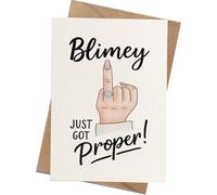 Funny Engagement Card - “Blimey Just Got Proper” - Humorous Ring Design with Hand Illustration - Blank Inside with Kraft Envelope - Unique Congratulations Card for Couples