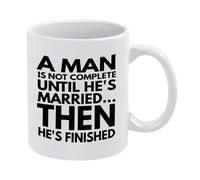 “Funny Engagement Mug for Men, Groom Or Bachelor Party Gift, Wedding Coffee Cup with Quote A Man is Not Complete Until He's Married, White Ceramic”
