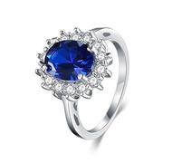 Funny Engagement Ring, Middle Finger Rings for Women 9K White Gold Luxury Flower with Blue Oval Lab Created Sapphire Size H 1/2