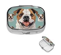Funny English Bulldog Pill Box 2 Compartment Square Portable Pill Case for Pocket or Purse Small Weekly Medicine Planner Travel Pillbox with Mirror Decorative Metal Vitamin Holder Gifts