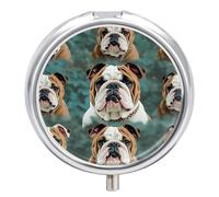 Funny English Bulldog Travel Pill Box Case 3 Compartment Cute Pill Organizer Metal Pill Holder with Mirror Small Medicine Organizer Daily Pill Container for Purse Pocket Portable Meds Box