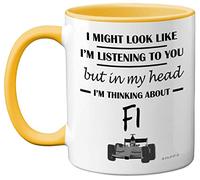 Formula 1 Gifts - in My Head I'm Thinking About F1 - Funny F1 Gifts for Men, Car Lover Gifts for Him, F1 Mug, Formula One Gifts, 11oz Ceramic Dishwasher Safe Yellow Handle Mugs Novelty Cup by Stuff4