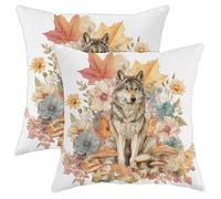 Funny Fall Watercolor Wolf Pillow Covers Set of 2, Comfy Breathable Autumn Maple Leaves Mushroom Pillow Cases Kit with Zipper, Fun Animal Decorative for Sofa Living Room Bed