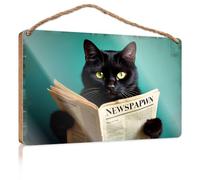 Funny Family Signs Wall Art A Black Cat Reading A Newspaper Bar Signs for Man Cave Fall Decor for Porch(23X35CM)