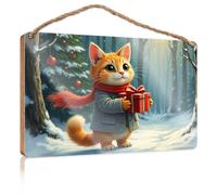 Funny Family Signs Wall Art A Cute Cat Holding A Wrapped Gift in A Snowy Forest Bar Signs for Man Cave Fall Decor for Porch(20X30CM)