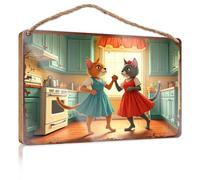 Funny Family Signs Wall Art Two Cats Dancing in A Cozy Kitchen Bar Signs for Man Cave Fall Decor for Porch(15X28CM)