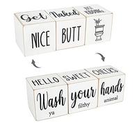 Funny Farmhouse Bathroom Decor and Accessories for Shelf, 4-Sided Wooden Blocks - Nice Butt&Get Naked&Hello Sweet Cheeks&Wash Your Hands Sign, Modern Rustic Restroom Decorations, White 2.8"