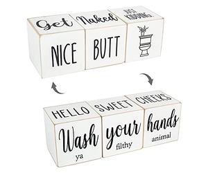 Funny Farmhouse Bathroom Decor and Accessories for Shelf, 4-Sided Wooden Blocks - Nice Butt&Get Naked&Hello Sweet Cheeks&Wash Your Hands Sign, Modern Rustic Restroom Decorations, White 2.8"