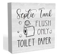 Funny Farmhouse Bathroom Shelf Desk Decor Rustic Wood Box Sign Home Office Desk Cubicle Accessories Decor Gift Ideas Septic Tank Flush Only Toilet Paper 5 X 5 Inch