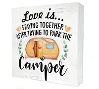 Funny Farmhouse Camping Wood Box Sign Home Decor Rustic RV Love is Staying Together Wooden Box Sign Block Plaque for Wall Tabletop Desk Decoration 5x5 Inch
