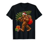 Funny Festive Sasquatch Bigfoot Carrying A Christmas Tree Value Graphic T-Shirt
