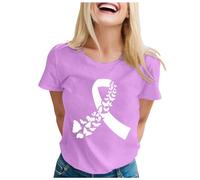 Funny Fighting Cancer T-Shirt Pink Ribbon Pink Shirt Cancer T-Shirt Women Short Sleeve Tops Race for Life Research Ladies Plain T Shirts Funny Treatment Gift October (Purple,M)