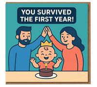 Funny First Birthday Card for Parents - You Survived the First Year! Cute Baby and Cake Illustration, 1st Birthday Card for Mum and Dad/New Parents