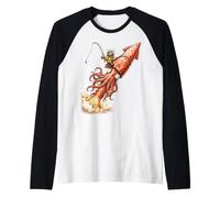 Funny Fishing s Giant Squid Rocket s Retro Angler Raglan Baseball Tee