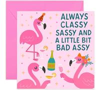 Funny Flamingo Birthday Cards for Women, Classy Sassy and Bad Assy, Cute Design for Her - Bestie, BFF, Daughter - Square, Blank Inside with Premium Envelope
