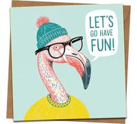 Funny Flamingo Greeting Card Let's Go Have Fun - 145mm x 145mm Square - Blank Inside - Kraft Envelope Included - Birthday, Congratulations, Just Because