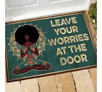Funny Flannel Door Mat - Indoor Welcome Mat 23.6x15.7 Inch - Home Decor Meditation Yoga Afro - Leave Your Worries at The Door - Housewarming Decor