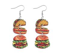 Funny Food Earrings Cute Taco Hamburger Dangle Earrings Hamburger Fried Shrimp Egg Cookie Ice Cream Imitation Earrings Decoration, M, Zinc, No Gemstone