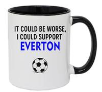 Funny Football Coffee Mug, It Could Be Worse I Could Support Everton, Black and White Ceramic Cup with Soccer Ball Design