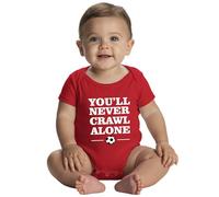 Funny Football Fan Design “You’ll Never Crawl Alone,” Baby Vest 100% Cotton Short Sleeve Red Romper - Envelope Neck and Nickel-Free Press Buttons, Sizes 0-18 Months, Unisex Baby Clothes UK Made